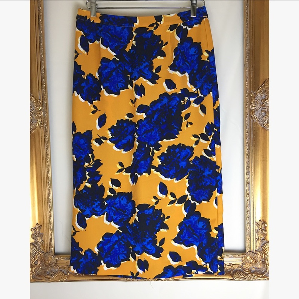 Cobalt/Mustard Floral Midi Skirt